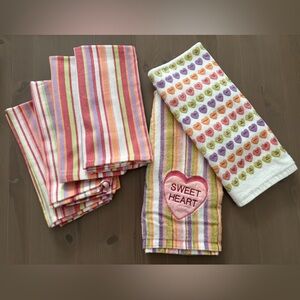 Colorful Striped and Heart Patterned Towels and 4 Cloth Napkins
